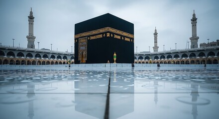 The Kaaba in Mecca, Saudi Arabia, stands majestically under a cloudy sky, with its reflection visible on the wet marble floor of the Grand Mosque.