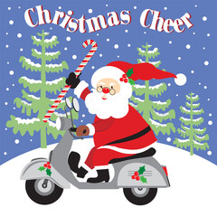 Christmas card with santa  candy cane and scooter