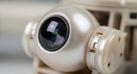 Close-up macro shot of a white drone camera lens with intricate mechanical details visible.