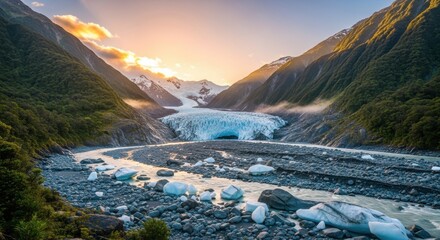Majestic glacial landscape under a vibrant sunset in a secluded mountain valley