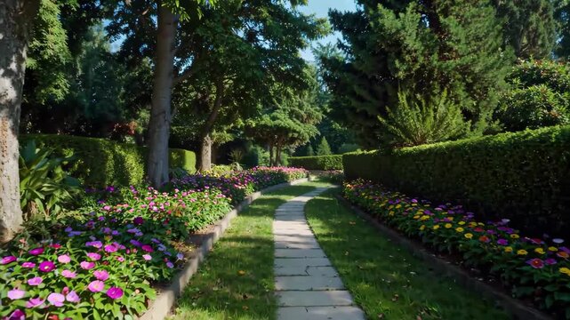 Slate path surrounded by flowers and trees in the garden