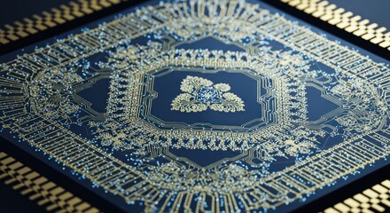 Close-up view of an intricate, ornate microchip with a blue and gold design, showcasing complex circuitry and a central floral pattern.