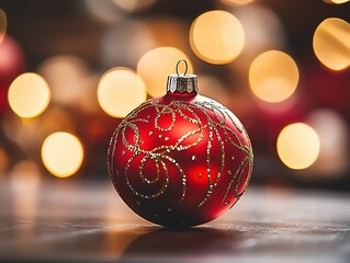 Close-up of elegant red Christmas ornament on table with blurred bokeh lights in background. Sharp focus highlights intricate patterns, soft lighting creates glossy reflections and depth, ideal for ho