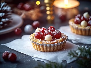 Christmas mini tarts with red and white berries food styling, elegantly arranged with golden candlestick on dark grey tablecloth and white paper napkins. Natural lighting with cinematic style, creatin