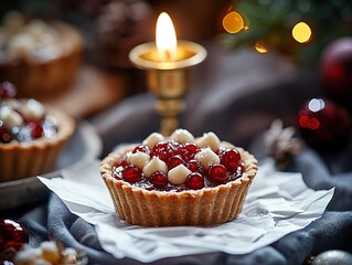 Christmas mini tarts with red and white berries close-up, golden candlestick on dark grey tablecloth background, natural light cinematic style for holiday food design.