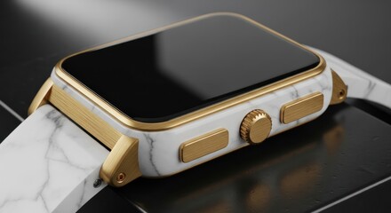 A luxurious smartwatch with a white marble-patterned band and gold accents, featuring a black screen and side buttons.