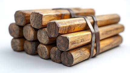 Stacked Lumber Bundle; Rustic Wood with Strap; Aged, Weathered Log Pile on White