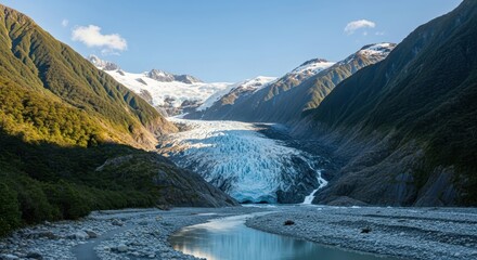 Majestic glacier descends through verdant valleys under a serene summer sky creating breathtaking