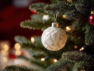 Close-up of Christmas tree with white snowball ornament against blurred dark interior and red accent, featuring copy space for holiday advertising, greeting cards, and social media templates.