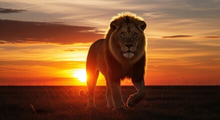 Majestic lion strides toward camera during golden sunset on the african savanna plains