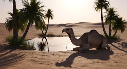 A lone camel rests by a small oasis surrounded by palm trees in a vast desert landscape at sunset.
