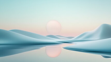 Minimalist abstract landscape with smooth pastel blue hills and tranquil water reflecting a soft sphere under a gradient sky. Ideal for modern design, tech, or serene background visuals