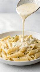 Creamy Alfredo sauce being ladled over penne pasta, the sauce coating each piece with a glossy finish