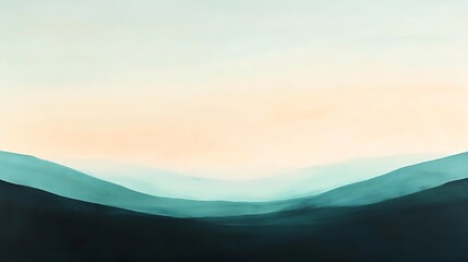 Minimalist abstract landscape art featuring layered teal mountains and a soft sky gradient, ideal for backgrounds, prints, or serene design projects