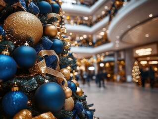 Close-up of luxurious Christmas decoration in shopping mall with blue and gold palette, shallow depth of field, festive tree with golden ribbons and navy ornaments, blurry pedestrian background, warm 