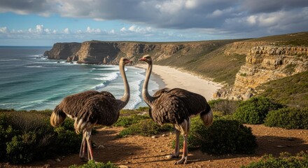 Majestic ostriches gaze out over a serene coastal landscape with dramatic cliffs and crashing waves