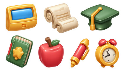Colorful Education Icons Set Featuring Graduation Cap, Apple and Book for Learning Themes