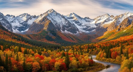 Majestic snow-capped mountains embrace the autumn forest with vibrant hues and serene river flow