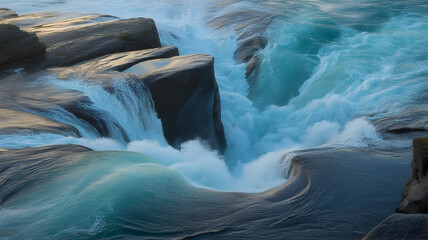 Illustration of powerful river rapids with turbulent turquoise water crashing over dark rocks in a natural environment