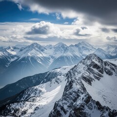 Majestic snow-covered peaks under a dynamic sky offer a breathtaking vista of alpine splendor