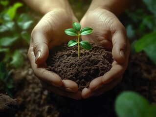 Hands holding soil with a green plant sprout, symbolizing nature, ecology, and sustainable growth. Ultra-realistic close-up with high detail for environmental campaigns, Earth Day projects, and CSR co
