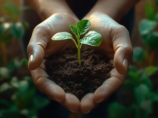 Close-up of hands holding soil with green plant sprout, symbolizing nature and environmental growth. Ultra-realistic 4K high-detail composition for eco campaigns, agriculture, or digital media.