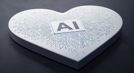 A stylized heart-shaped circuit board with the letters "AI" prominently displayed on a central microchip, symbolizing the intersection of artificial intelligence and emotion.