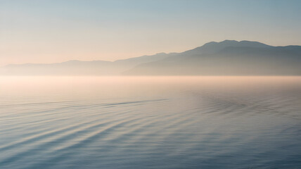 Misty mountain lake illustration with gentle water ripples reflecting a serene pastel sky at dawn