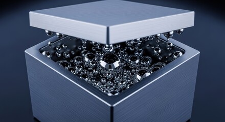 A close-up view of a metallic cube with many small spheres inside, suspended by a lid.