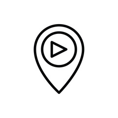 Fototapeta premium A simple line art icon representing a location pin with a play button inside. Cinema and Movie Line Icon. Isolated Vector Clip Art.