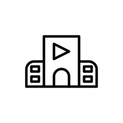 A minimalist line art icon representing a building with a prominent play button symbol on its facade. Cinema and Movie Line Icon. Isolated Vector Clip Art.