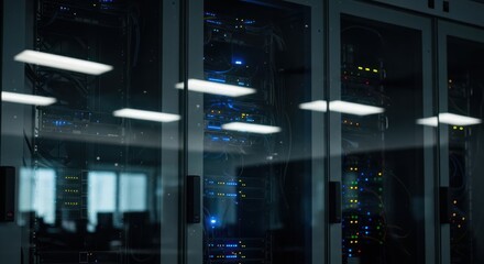 Rows of server racks with blinking lights in a dark data center, reflecting overhead fluorescent lighting.