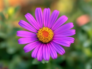 Close-up of vibrant purple aster flower in full bloom with yellow center, set against green foliage in soft morning light. Ideal for nature-themed designs, wallpapers, or botanical projects.