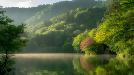''Lush green mountain landscape illustration with misty lake reflecting vibrant forest trees and soft morning light''
