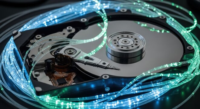 Close-up view of a hard disk drive with illuminated fiber optic cables wrapped around it, symbolizing data and technology. - Powered by Adobe