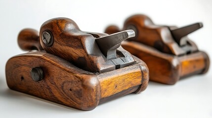 Two Wooden Hand Planes Showing Sharpened Steel Blades on White Background
