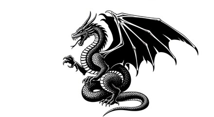 Majestic wyvern in monochrome bold illustration detailed scaled texture dynamic mythical guardian