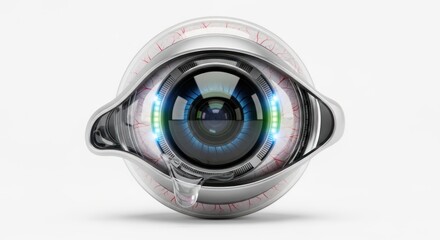 A futuristic, metallic prosthetic eye with intricate details and a glowing iris, representing advanced medical technology.