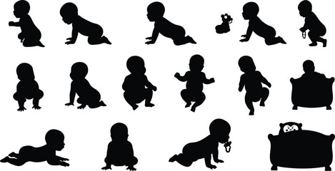 Baby silhouettes in various poses, crawling, sitting, standing, walking, playing, pacifier, toy duck, crib, teddy bear, infant movement, child development, black shapes