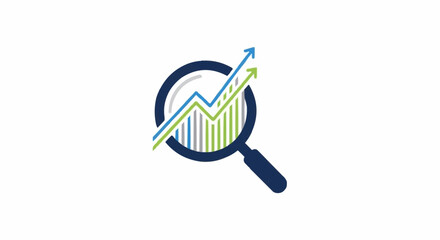 Business data analysis icon with magnifying glass and growth chart.