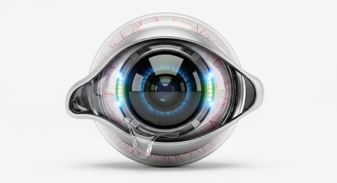 A futuristic, metallic prosthetic eye with intricate details and a glowing iris, representing advanced medical technology. - Powered by Adobe