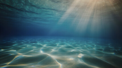 Stunning underwater illustration of sun rays penetrating clear blue ocean water illuminating the sandy seabed
