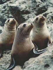 Fototapeta premium Group of Three Seals on Rocks