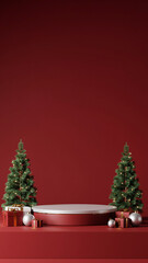 3D realistic render of Christmas podium scene with geometric shapes and arch, vertical red background for product photography or design