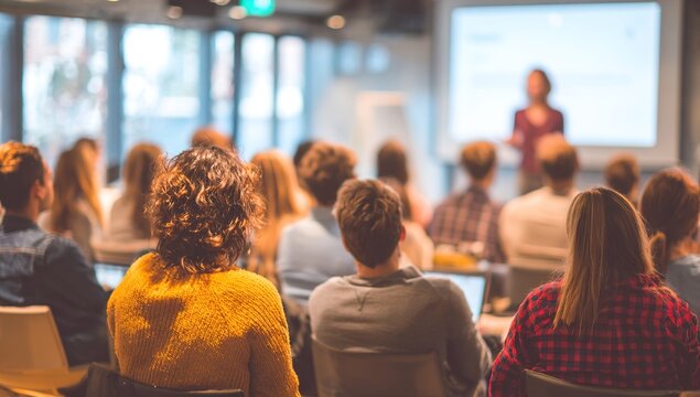 Group of People Meet During Education Session. Students Listen to Teacher's Presentation During Seminar at Speaker Development Meeting. University Classroom Presenter to Graduate Students. MBA Phd