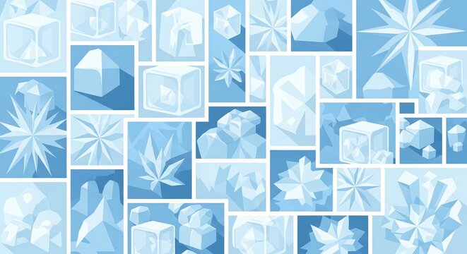 A mosaic of various blue and white ice crystals, snowflakes, and geometric frozen shapes, creating a cool and abstract pattern. - Powered by Adobe
