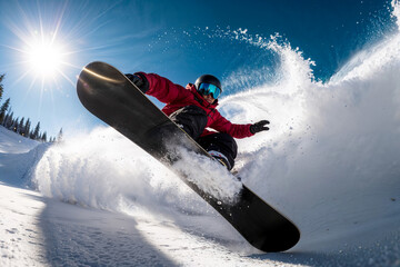 Dynamic Low Angle Shot of Snowboarder Kicking Up Snow Spray
