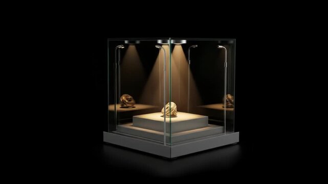 Rock artifact in a glass case on display, under spotlights