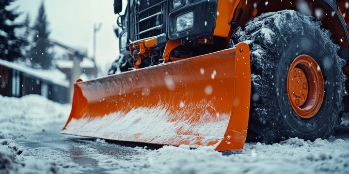 Orange snowplow clearing street in winter