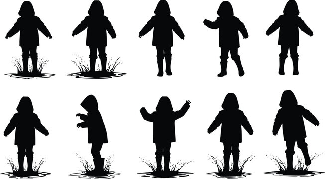 Child silhouette jumping in puddle, playful rainy day moment, water splash motion, hooded coat figure, outdoor fun, energetic pose, wet weather joy, dynamic action